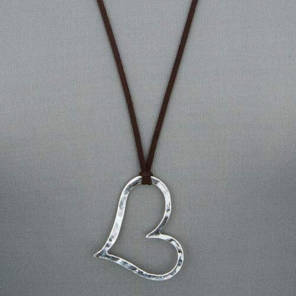 Long Brown Leather Antique Silver Open Heart Design Pendant Necklace